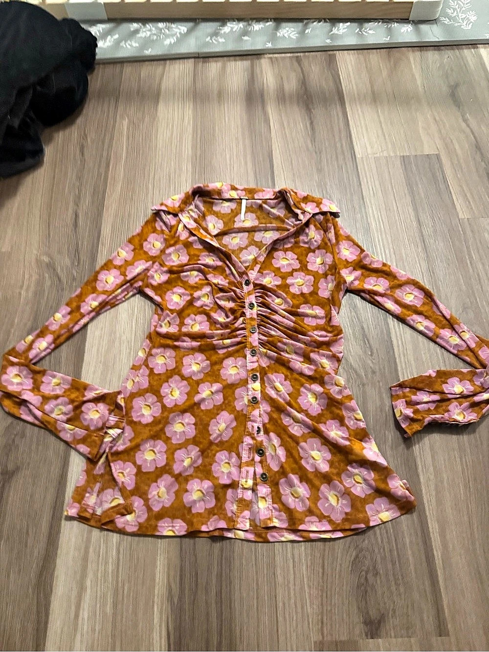 Free People Through The Meadow Top Floral Blouse Brown & Pink 70s